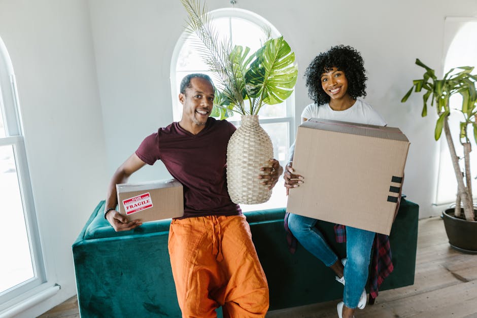A man and a woman are inside a bright, modern living room with large windows allowing natural light. The man, wearing a maroon t-shirt and orange trousers, is holding a small cardboard box labeled 'FRAGILE' and a large, woven vase with green tropical leaves. The woman, dressed in jeans and a white top, is seated on a teal sofa and holding a medium-sized cardboard box. The room contains a potted plant near the wall, and the flooring is wooden. This scene depicts a domestic setting during the packing and home relocation process, with furniture and packing materials ready for transport. The image is associated with professional removals services, such as those provided by Removal Companies Haringey, focused on house moves, furniture transport, and packing and moving logistics.