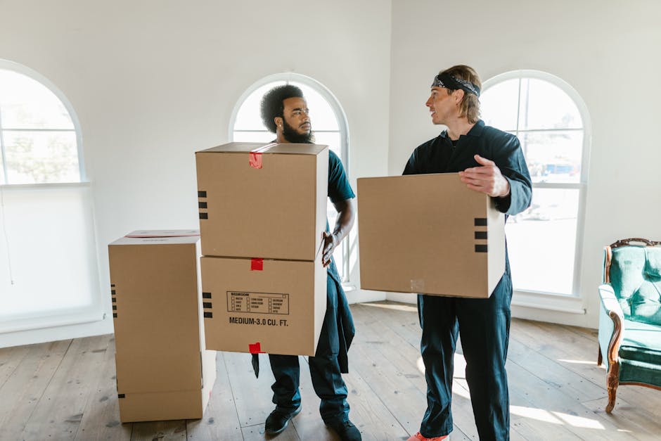 Two removal workers inside a well-lit room with white walls and large arched windows, engaged in a home relocation process. The worker on the left, with a beard and curly hair, is holding two cardboard boxes stacked one on top of the other, both labeled with shipping information and taped securely. The worker on the right, wearing a black headband, is carrying a single cardboard box while gesturing with his hand. The room has wooden flooring, and in the background, there are additional cardboard boxes, some placed on the floor, ready for transportation. A vintage green velvet armchair with wooden detailing is situated near the window on the right. The scene depicts packing and loading activities typical of furniture transport and household removal services provided by Removal Companies Haringey, supporting efficient house removals and logistics within the context of a local move in the Wood Green N22 area.